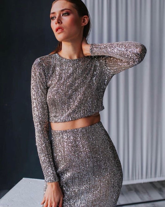SEQUIN SKIRT & LONG SLEEVE TOP SET