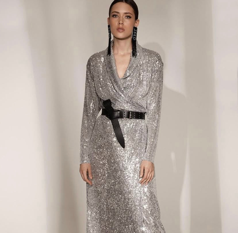 SEQUIN WRAP MIDI DRESS WITH BELT